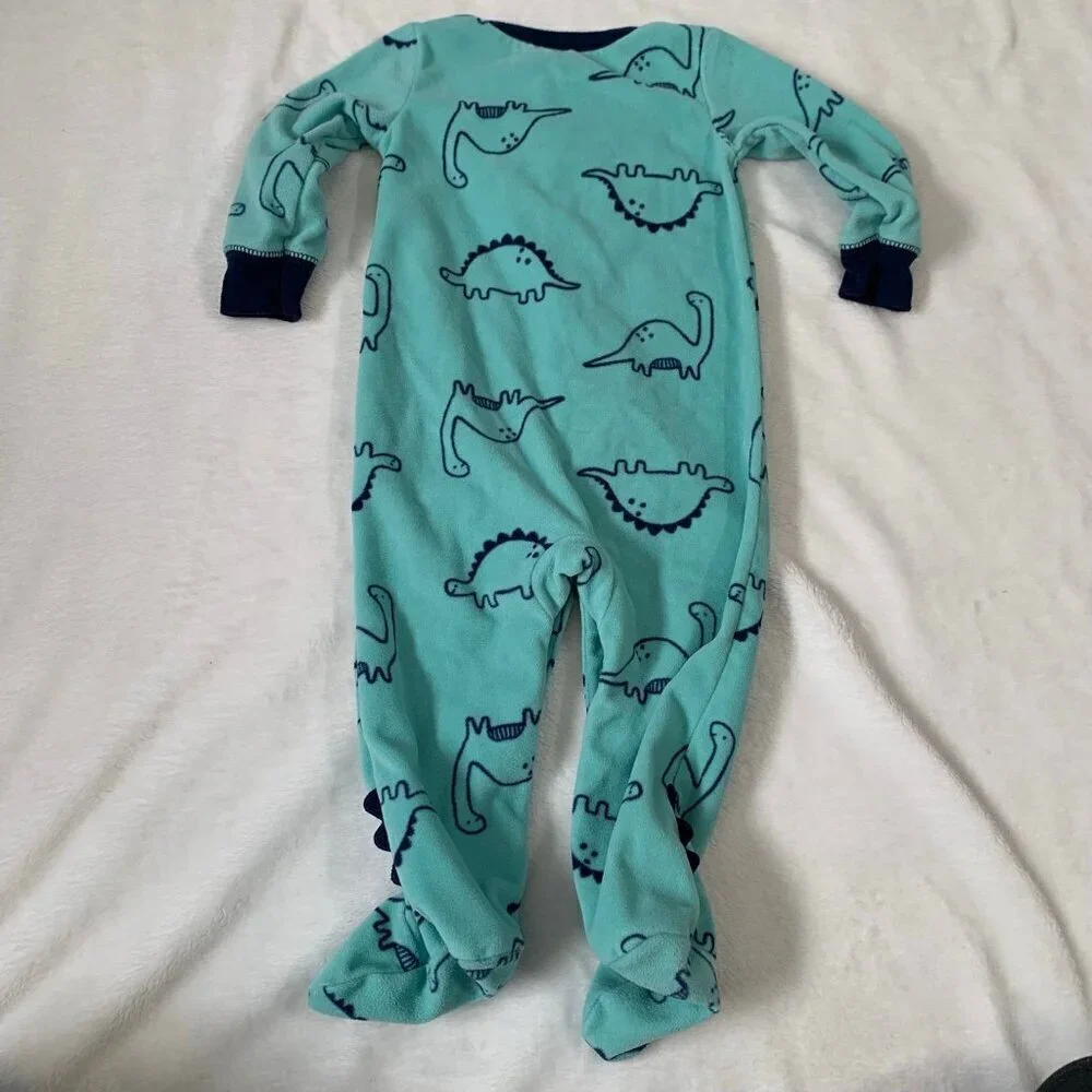 5/$25 Carter's‎ Dinosaur Footed Sleeper Baby Boy 9M Teal Fleece Snap Up Pajamas